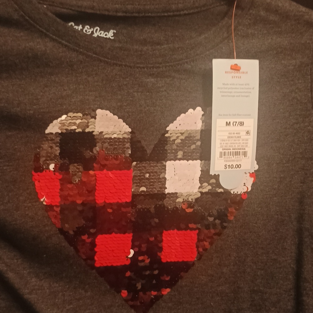 Girls Long Sleeve Graphic Tea Heart Sequence Reverse Design Brand New With Tag